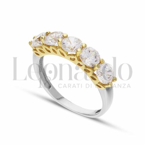 Anelli Modello Veretta a 5 pietre con Zircone bianco in Oro e Giallo da 3,3gr. Anello Donna 18 Carati