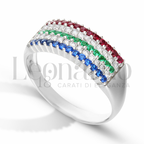 Modello o finitura 5 File di zirconi con Zirconi Rossi, bianchi, Verdi e Blu in Oro Bianco da 3,3gr.