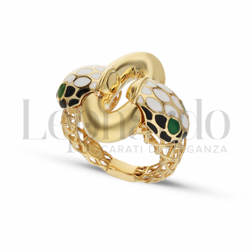 Modello Serpente Bianco-Nero; Occhi Verdi con Smalto in Oro Giallo da 8,1gr.