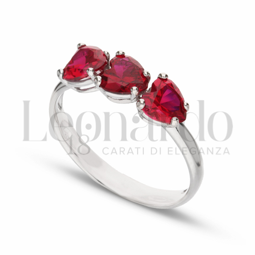 Modello 3 Cuori Orizzontali con Pietra rossa in Oro Bianco da 2gr.