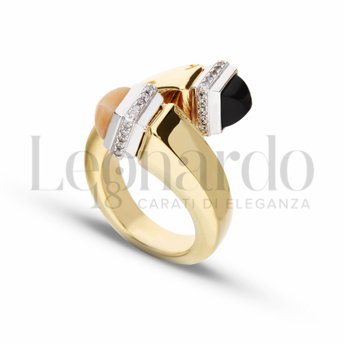 Modello Quadrato con Onice + Calcedonio Arancio + Zirconi Bianchi in Oro Giallo e Oro Bianco da 7,3gr.
