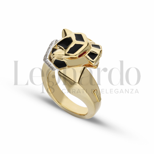 Modello Pantera Nera; Occhi Rossi con Smalto + Zirconi Bianchi in Oro Giallo da 4gr.