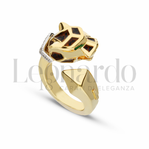Modello Pantera Maculata; Occhi Verdi con Smalto + Zirconi Bianchi in Oro Giallo da 4gr.