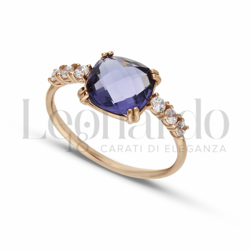 Modello Quadrato con Pietra di Colore Blu e zirconi bianchi in Oro Rosa da 2gr.