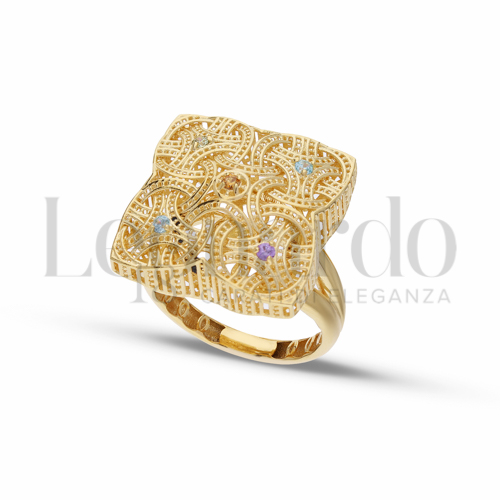 Modello Quadrato con Zirconi colorati - Rainbow in Oro Giallo da 5gr.