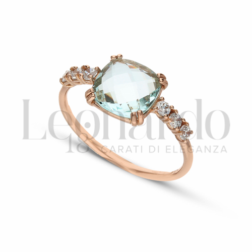 Modello Quadrato con Topazio azzurro e zirconi bianchi in Oro Rosa da 2gr.