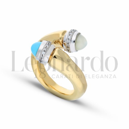 Modello Tondo con Madreperla + Pasta di Turchese + Zirconi Bianchi in Oro Giallo e Oro Bianco da 6,3gr.