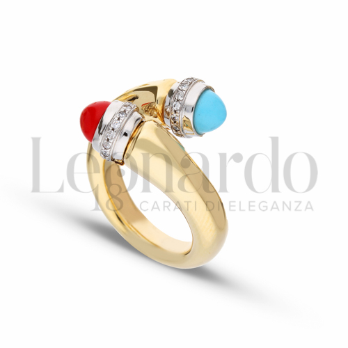 con Pasta di Corallo + Pasta di Turchese + Zirconi Bianchi in Oro Giallo e Oro Bianco da 5,1gr.