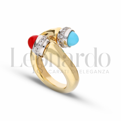 Modello Tondo con Pasta di Corallo + Pasta di Turchese + Zirconi Bianchi in Oro Giallo e Oro Bianco da 5,1gr.