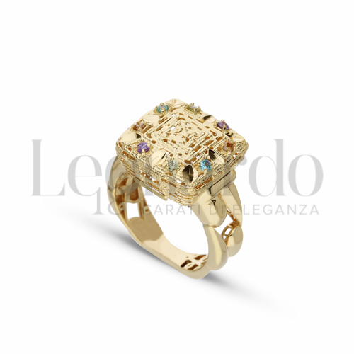 Modello Quadrato con Zirconi Viola, Verdi, Azzurri e citrino in Oro Giallo da 5,1gr.