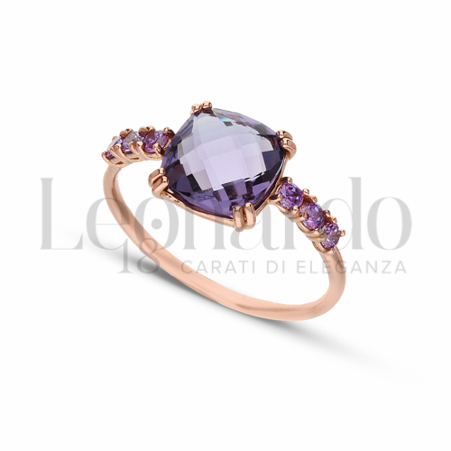 Modello Quadrato con Pietra e zirconi Viola in Oro Rosa da 2gr.