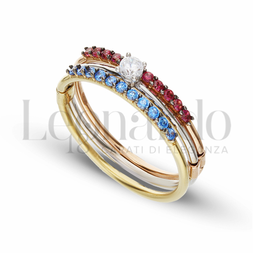 Modello 3 Fili con Zircone azzurro, bianco e rosso in Oro Giallo, Oro Bianco e Oro Rosa da 4gr.