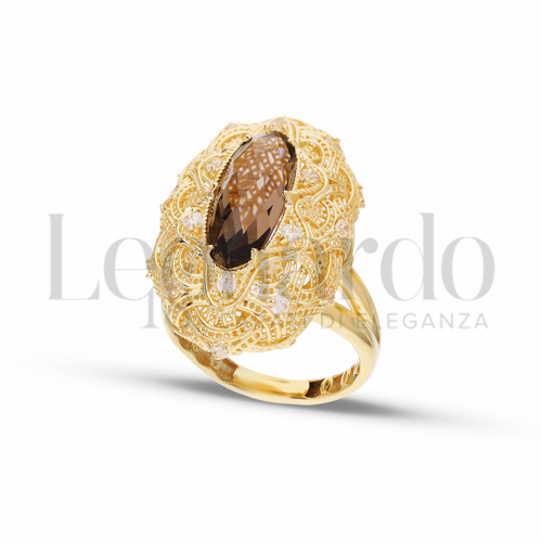 con Pietra brown e zirconi bianchi in Oro Giallo da 6,1gr.