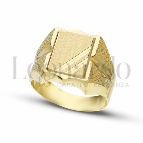 Anelli Anello a scudo da Uomo in Oro 18 Carati Modello: Scatolato Finitura o misura: Satinata con 2 strisce diamantate Misura anello: 6,5g