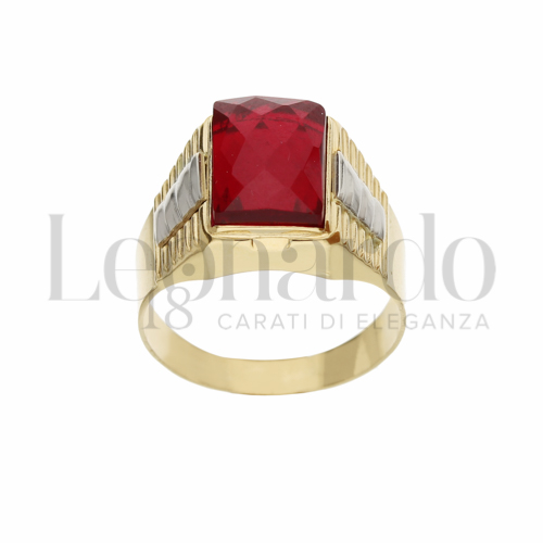 Modello Rettangolo con Pietra rossa in Oro Giallo e Oro Bianco da 6gr.