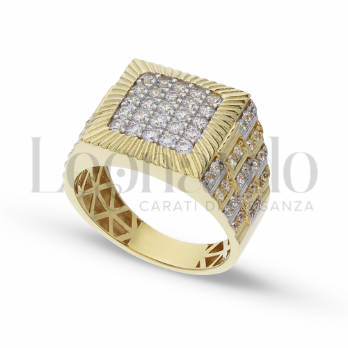 Modello Quadrato con Pavé di zirconi bianchi in Oro Giallo e Oro Bianco da 7,6gr.