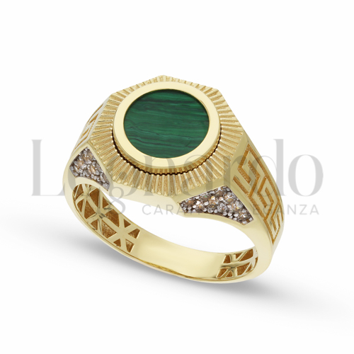 Modello Tondo con Malachite e Zirconi Bianchi in Oro Giallo e Oro Bianco da 7,4gr.