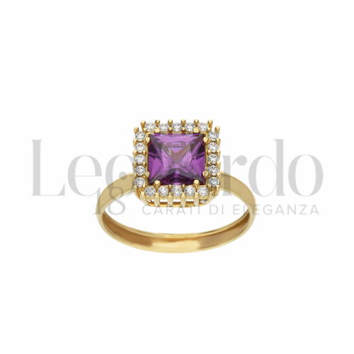 Contornato da una fila di zirconi Modello con Pietra Idrotermale Viola e zirconi bianchi in Oro Giallo da 1,8gr.
