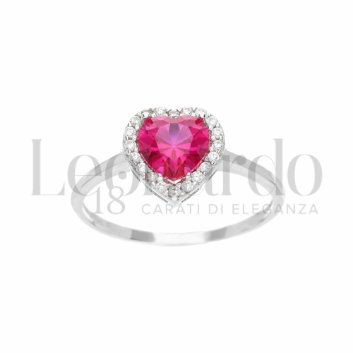 Contornato da una fila di zirconi Modello con Pietra di Colore Rosso e zirconi bianchi in Oro Bianco da 1,6gr.