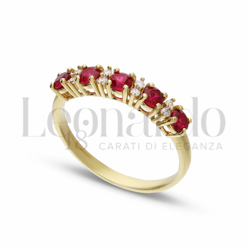 5 Pietre Modello con Pietra di Colore Rosso e zirconi bianchi in Oro Giallo da 2,1gr.