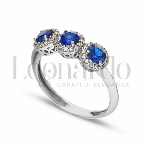 1° Misura Modello con Pietra di Colore Blu e zirconi bianchi in Oro Bianco da 2,9gr.