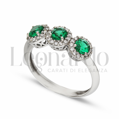 1° Misura Modello con Pietra di Colore Verde e zirconi bianchi in Oro Bianco da 2,8gr.