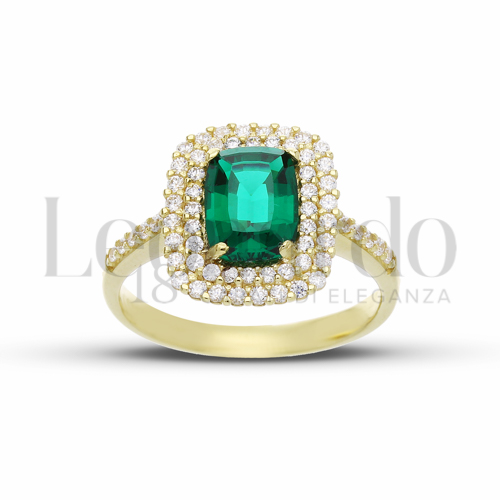 Contornato da due file di zirconi Modello con Pietra di Colore Verde e zirconi bianchi in Oro Giallo da 4,2gr.