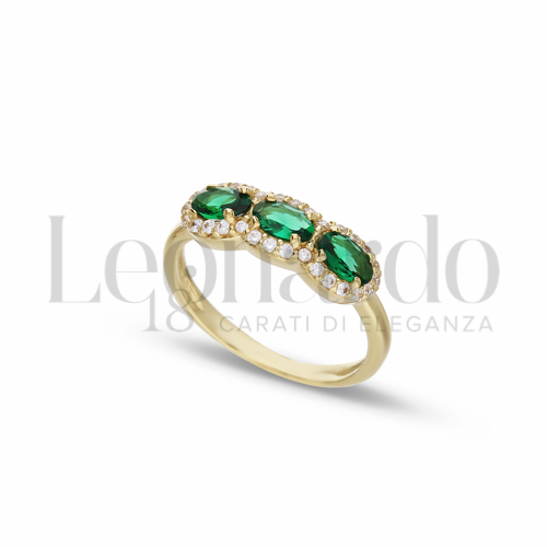 Trilogy Orizzontale Modello con Pietra di Colore Verde e zirconi bianchi in Oro Giallo da 2,8gr.