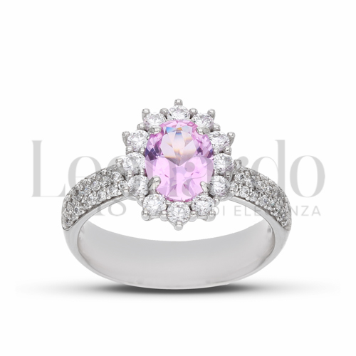 Kate 2° misura con pavè di zirconi sul gambo Modello con Pietra Idrotermale Rosa e zirconi bianchi in Oro Bianco da 5,3gr.