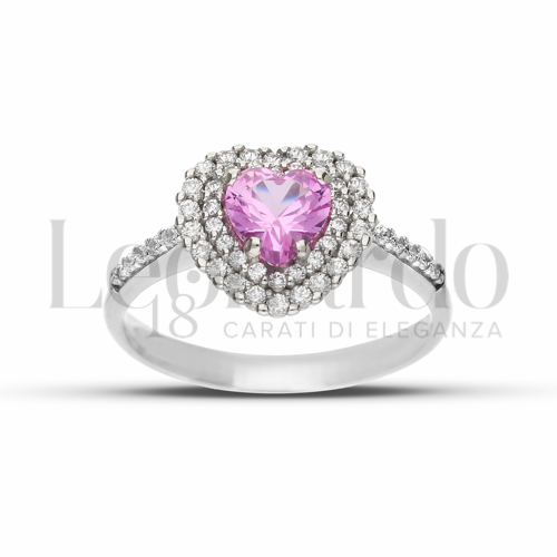 Contornato da due file di zirconi Modello con Pietra Idrotermale Rosa e zirconi bianchi in Oro Bianco da 3,7gr.