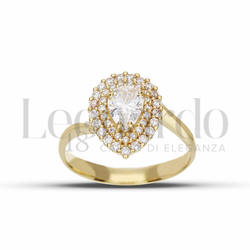 Contornato da due file di zirconi Modello con Pietra Bianca e zirconi bianchi in Oro Giallo da 3,6gr.