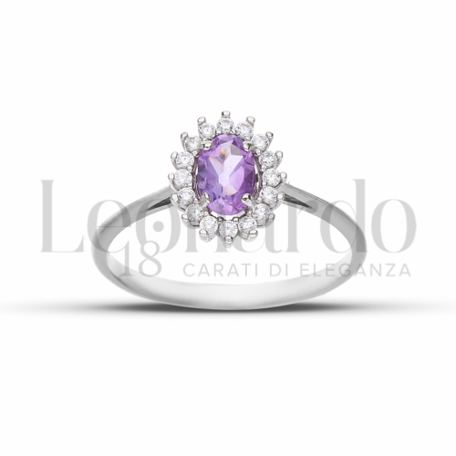 Kate 1° Misura Modello con Pietra Idrotermale Ametista e zirconi bianchi in Oro Bianco da 1,7gr.