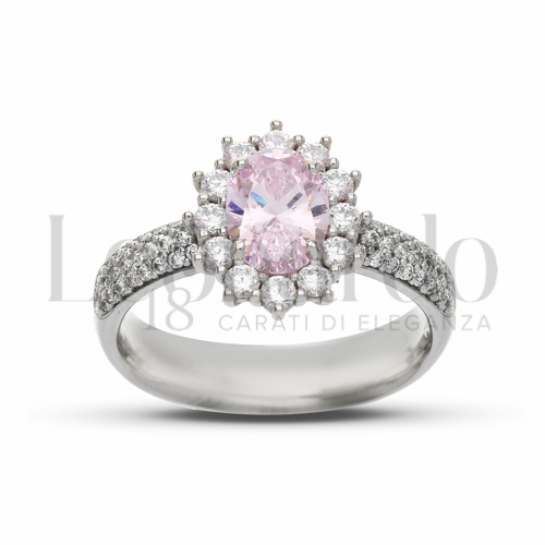 Kate 2° misura con pavè di zirconi sul gambo Modello con Pietra Idrotermale Rosa Light e zirconi Bianchi in Oro Bianco da 5,9gr.