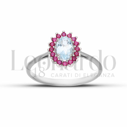 Kate 1° Misura Modello con Topazio azzurro e zirconi rossi in Oro Bianco da 1,7gr.