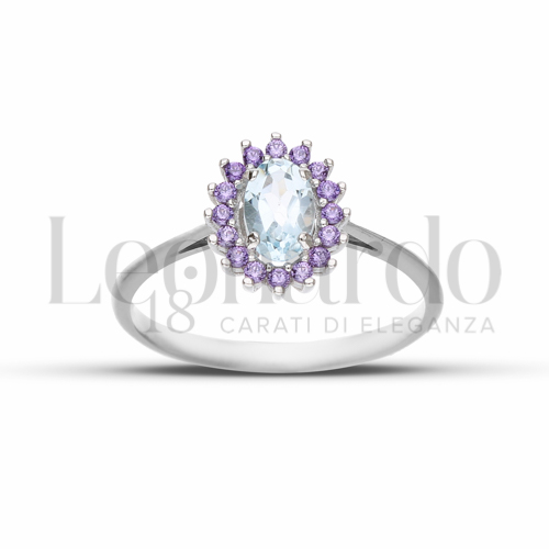 Kate 1° Misura Modello con Topazio azzurro e zirconi viola in Oro Bianco da 1,7gr.