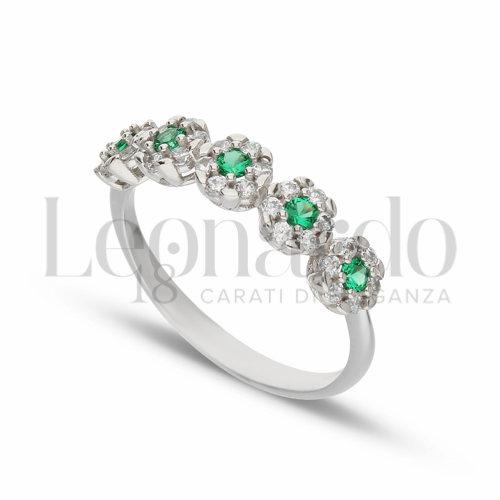 5 Fiori Modello con Cuore di zirconi verdi e contorno di zirconi bianchi in Oro Bianco da 2,5gr.