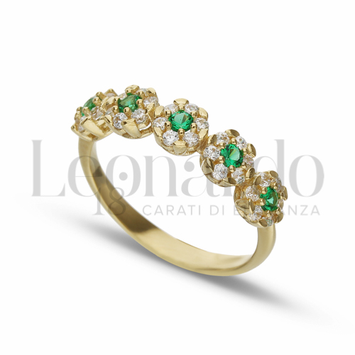 5 Fiori Modello con Cuore di zirconi verdi e contorno di zirconi bianchi in Oro Giallo da 2,5gr.