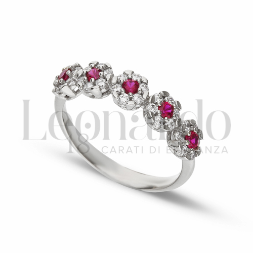 5 Fiori Modello con Cuore di zirconi rossi e contorno di zirconi bianchi in Oro Bianco da 2,4gr.