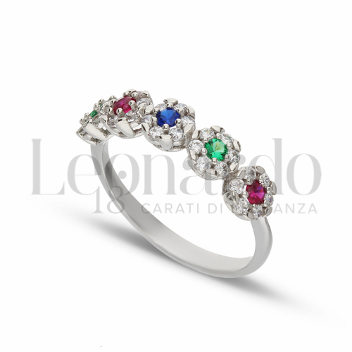 5 Fiori Modello con Cuore di zirconi blu ,verdi e rossi e contorno di zirconi bianchi in Oro Bianco da 2,4gr.