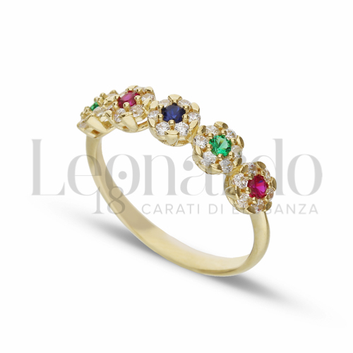 5 Fiori Modello con Cuore di zirconi blu ,verdi e rossi e contorno di zirconi bianchi in Oro Giallo da 2,6gr.