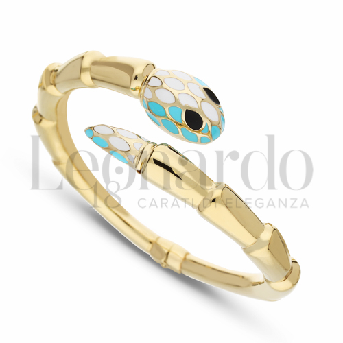 Modello o spessore Serpente Bianco-Turchese; Occhi Neri con Smalto in Oro Giallo da 15,1gr.