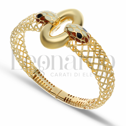 Modello o spessore Serpente Bianco e Bronzo Perlato - Occhi Neri con Smalto in Oro Giallo da 18,7gr.