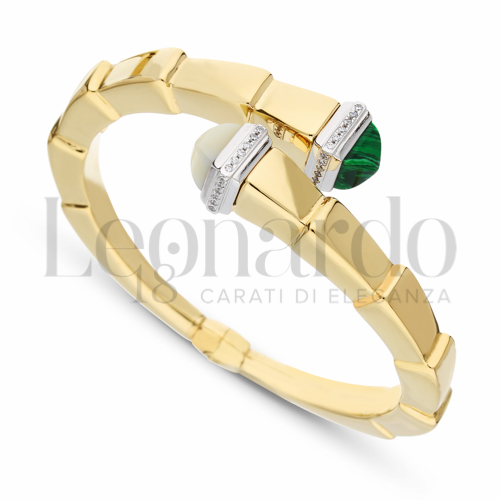 Modello Squadrato con Madreperla + Malachite + Zirconi Bianchi in Oro Giallo e Oro Bianco da 17,4gr.