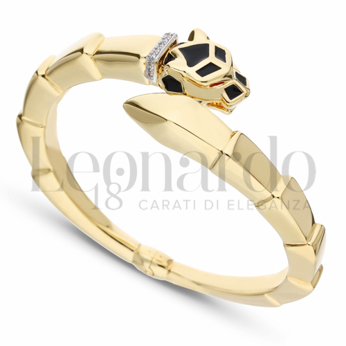 Modello o spessore Pantera Nera; Occhi Rossi con Smalto + Zirconi Bianchi in Oro Giallo da 14gr.