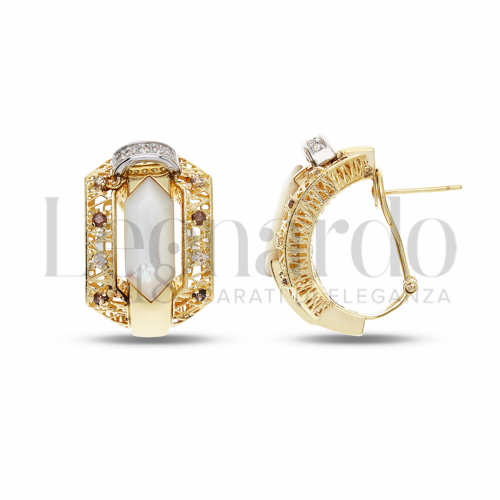 con Madreperla, Zirconi Bianchi e Brown in Oro Giallo da 11,9gr.