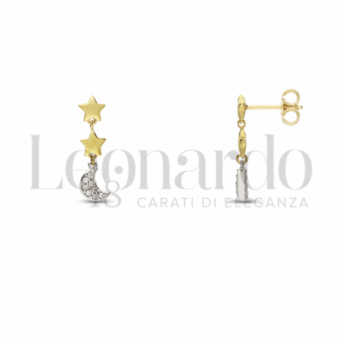Forma Luna, stella con Zircone bianco in Oro Giallo e Oro Bianco da 2,4gr.