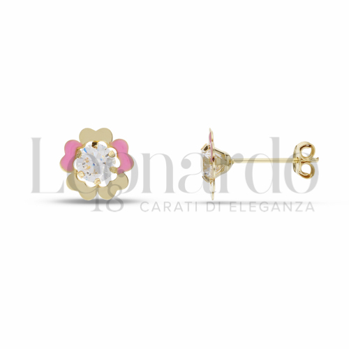 con Smalto rosa e zircone bianco da Misura pietra o modello 4,00 mm in Oro Giallo da 0,7gr.