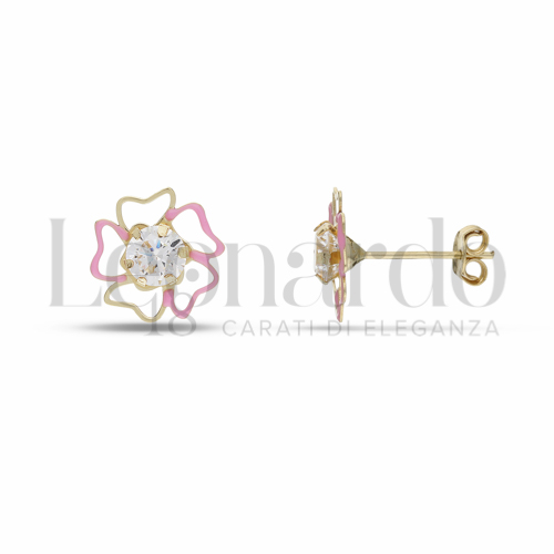 con Smalto rosa e zircone bianco da Misura pietra o modello 4,00 mm in Oro Giallo da 0,7gr.