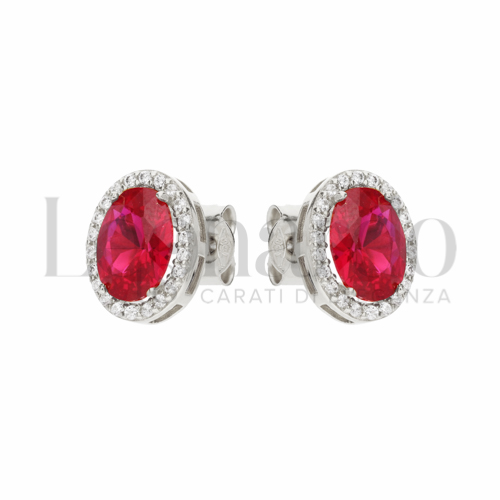Forma Ovale con Pietra di Colore Rosso e zirconi bianchi in Oro Bianco da 2,5gr.