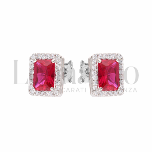 Forma Rettangolo con Pietra di Colore Rosso e zirconi bianchi in Oro Bianco da 2,5gr.